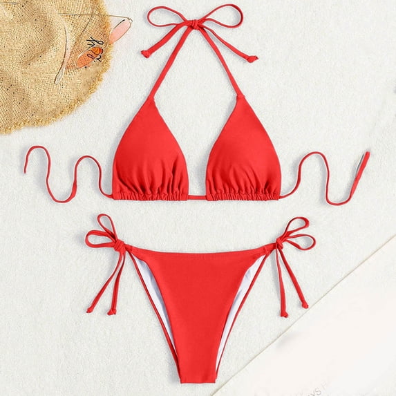 FINALGANG Womens Triangle Thin String Strap Solid Color Two Piece Bikini Set Side Tie Adjustable Bikini Bottom Minimal Slim Swimwear For Summer Beach Vacation Trendy Swimwear S