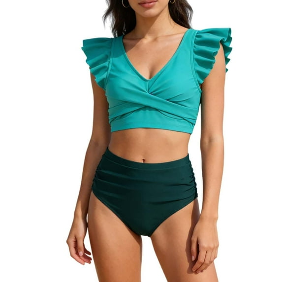 FINALGANG Womens Two Piece Swimsuit Set Solid Color V Neck Ruffled Tankini Swimwear With High Waisted Bikini Bottoms For Beach Pool Party Stylish Swimwear