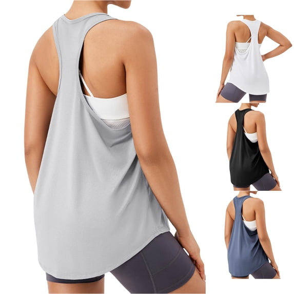 FINALGANG Womens U Neck Racerback Quick Dry Solid Loose Long Athletic Tank Tops Gym Yoga Running Workout Breathable Sleeveless Shirts For Ladies Classic Top S