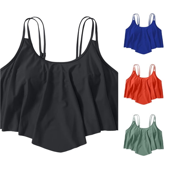 FINALGANG Womens U Scoop Neck Double Thin Strap Solid Color Ruffled Flounce Swim Tank Top Loose Basic Bikini Top For Pool Beach Daily Wear Leisure Swimwear L/0XL