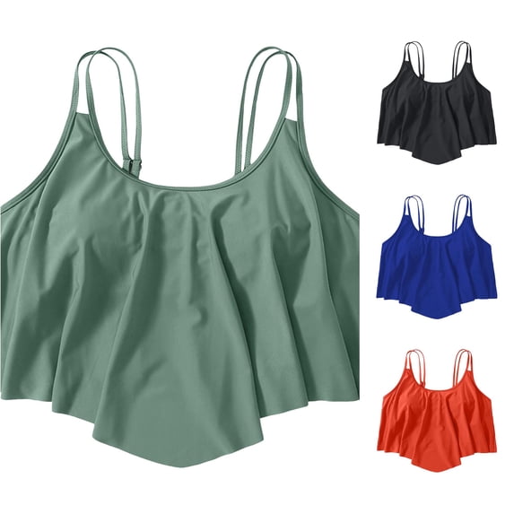 FINALGANG Womens U Scoop Neck Double Thin Strap Solid Color Ruffled Flounce Swim Tank Top Loose Basic Bikini Top For Pool Beach Daily Wear Leisure Swimwear XL