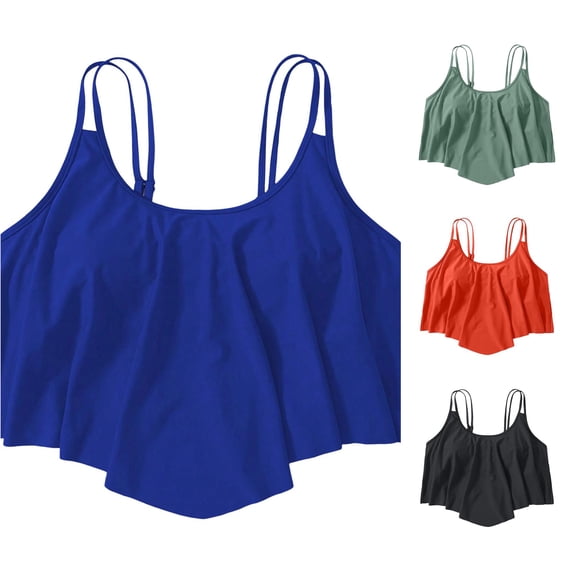 FINALGANG Womens U Scoop Neck Double Thin Strap Solid Color Ruffled Flounce Swim Tank Top Loose Basic Bikini Top For Pool Beach Daily Wear Stylish Swimwear XL