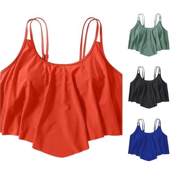 FINALGANG Womens U Scoop Neck Double Thin Strap Solid Color Ruffled Flounce Swim Tank Top Loose Basic Bikini Top For Pool Beach Daily Wear Trendy Swimwear XXXL