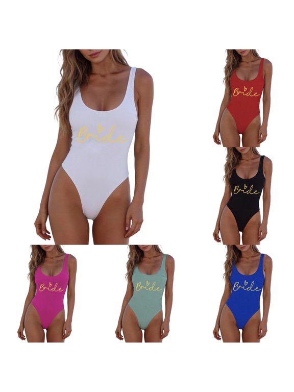 Womens U Scoop Neck Wide Thick Strap Bride Letter Heart Print One Piece Swimsuit High Cut Slim Swim Bodysuit Summer Swimwear For Beach Party Cozy Swimwear XXL