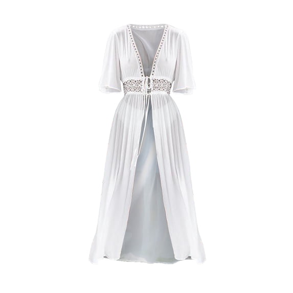 FINALGANG Womens V Neck Short Flutter Sleeve Solid Color Hollow Lace Tie Front Long Cover Up Dress Loose Beach Kimono Robe Summer Basic Outer Dress For Seaside Resort Soft Cover Up XL