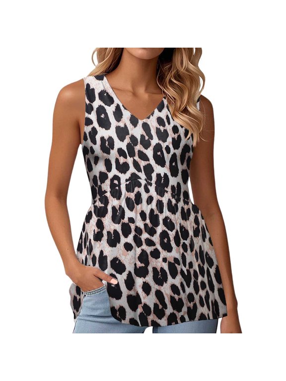 Womens V Neck Sleeveless Regular Fit Leopard Print Ruched Waist Flare Hem Tank Top Blouse For Summer Casual Daily Wear Multicolour L