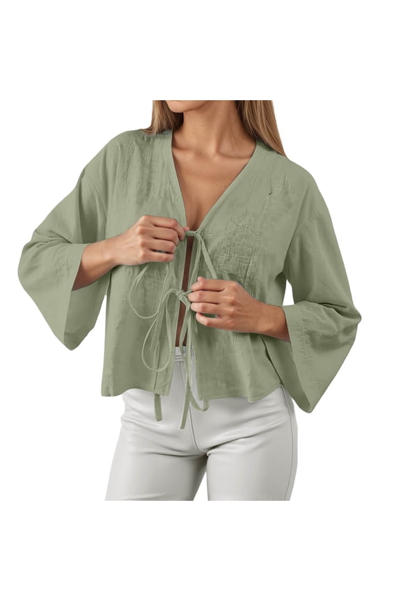 Womens V Neck Three Quarter Sleeve Loose Fit Tie Front Solid Color Cropped Blouse Top For Summer Casual Daily Wear Green M