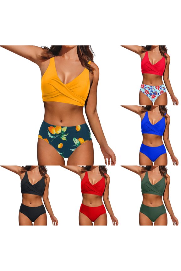 Womens V Neck Wide Strap Solid Color Two Piece Bikini Set Front Wrap Bikini Top Mid Rise Full Coverage Bikini Bottom Basic Swim Suit For Pool Leisure Soft Swimwear XL