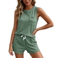 thumbnail image 1 of FINALGANG Womens Waffle Knit Two Piece Outfit Crew Neck Sleeveless Tank Top With Pocket Drawstring Waist Shorts Casual Matching Set For Loungewear Daily Wear Leisure Set, 1 of 4