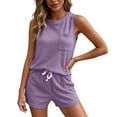 thumbnail image 1 of FINALGANG Womens Waffle Knit Two Piece Outfit Crew Neck Sleeveless Tank Top With Pocket Drawstring Waist Shorts Casual Matching Set For Loungewear Daily Wear Trendy Set, 1 of 4