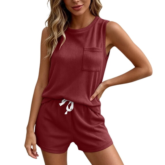 FINALGANG Womens Waffle Knit Two Piece Outfit Crew Neck Sleeveless Tank Top With Pocket Drawstring Waist Shorts Casual Matching Set For Loungewear Daily Wear Leisure Set