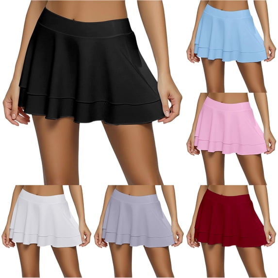 FINALGANG Womens Wide Elastic Waist Solid Color Double Layer Ruffle Flared Mini Skirt Quick Dry Sport Tennis A-Line Skort Bottoms For Ladies Soft Skirts S