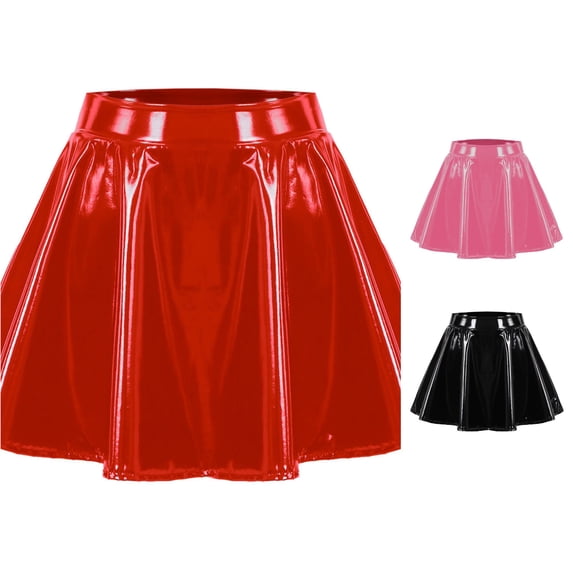 FINALGANG Womens Wide High Waist Solid Color Shiny Flared A-Line Mini Skirt Club Party Pleated Swing Skirt Bottoms For Ladies Soft Skirts XXXL