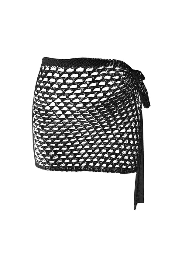 Womens Wrap Side Tie Solid Color Hollow Fishnet Crochet Mini Cover Up Skirt See Through Beach Cover Up Skirts For Summer Pool Holiday Stylish Cover Up