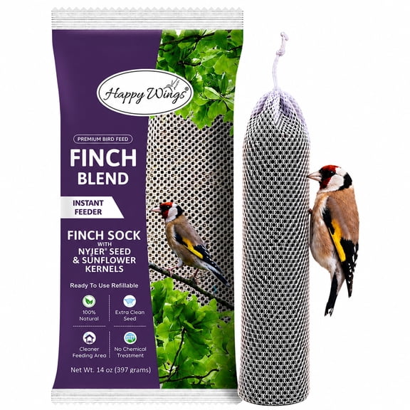Happy Wings Finch Blend Bird Food, Mix of Sunflower Hearts/Kernels and Nyjer Seed Wild Bird Food 14 Ounce | Prefilled Sock | No Grow Seed I Bird Seeds for Wild Birds