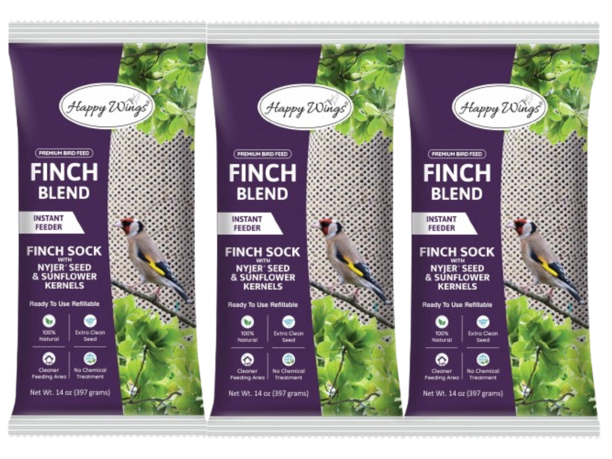 Happy Wings Finch Blend Bird Food, Mix of Sunflower Hearts/Kernels and Nyjer Seed Wild Bird Food 14 Ounce (Pack of 3) | Prefilled Sock | No Grow Seed I Bird Seeds for Wild Birds