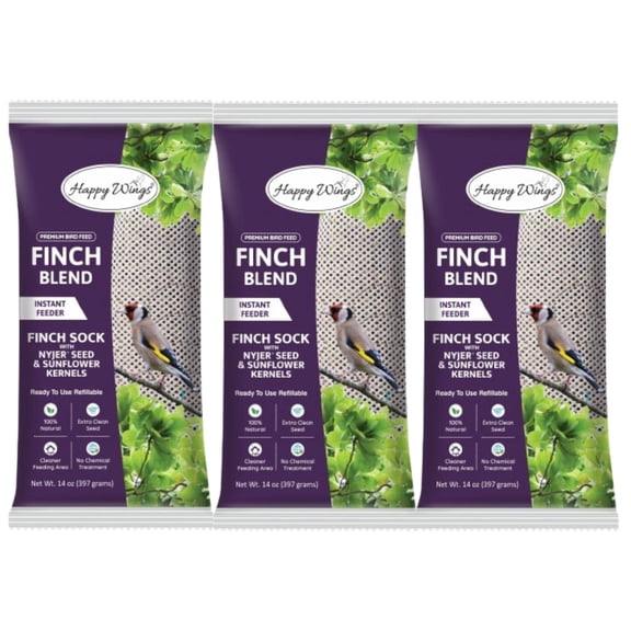 Happy Wings Finch Blend Bird Food, Mix of Sunflower Hearts/Kernels and Nyjer Seed Wild Bird Food 14 Ounce (Pack of 3) | Prefilled Sock | No Grow Seed I Bird Seeds for Wild Birds