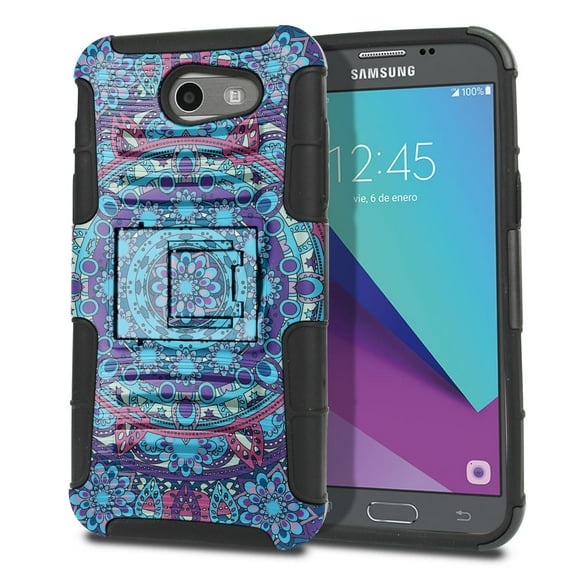 FINCIBO Hybrid Armor Case Cover Stand for Samsung Galaxy J3 Emerge J327, Tropical Blue Mandala 2D Silver Glossy