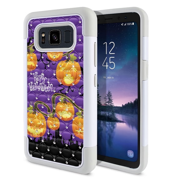 FINCIBO Hybrid Bling Sparkle Cover Case for Samsung Galaxy S8 Active, Pumpkin Happy Halloween