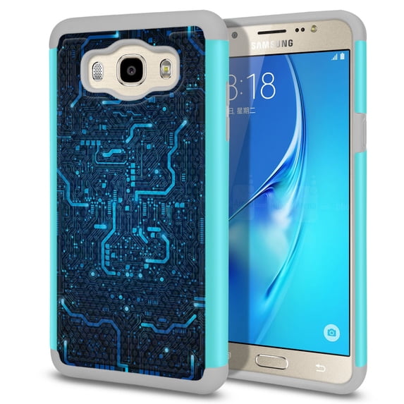 FINCIBO Samsung Galaxy J7 J710 Football Grain Hybrid Case Hard TPU Back Cover, Blue Circuit Board