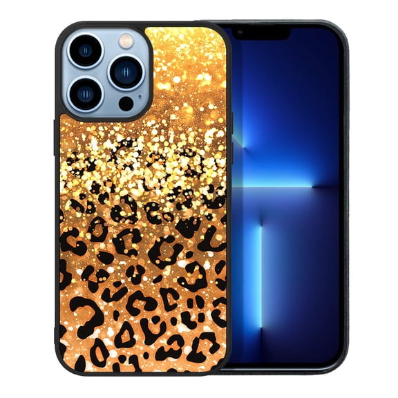 FINCIBO Soft Rubber Cover Case for Apple iPhone 13 Pro Max 6.7" 2021 (NOT FIT iPhone 13 mini 5.4"/iPhone 13 Pro 6.1"/iPhone 13 6.1" 2021), Gold Glitter Sparkle With Black Yellow Glitter Leopard
