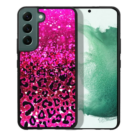 FINCIBO Soft Rubber Cover Case for Samsung Galaxy S22 6.1" 2022 (NOT FIT Galaxy S22+ / S22 Plus 6.5" 2022/Galaxy S22 Ultra 6.8" 2022), Hot Pink Glitter Sparkle With Black Pink Glitter Leopard