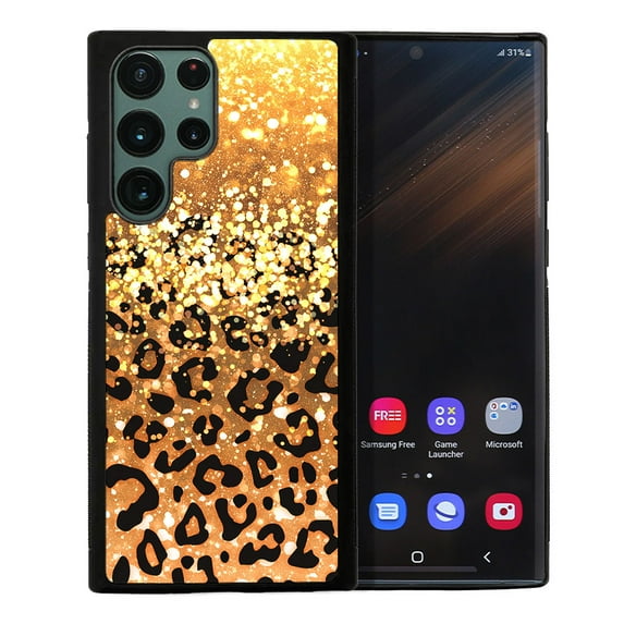 FINCIBO Soft Rubber Cover Case for Samsung Galaxy S22 Ultra 6.8" 2022 (NOT FIT Galaxy S22 6.1" 2022/Galaxy S22+ / S22 Plus 6.5" 2022), Gold Glitter Sparkle With Black Yellow Glitter Leopard