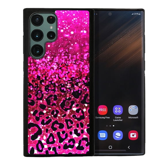 FINCIBO Soft Rubber Cover Case for Samsung Galaxy S22 Ultra 6.8" 2022 (NOT FIT Galaxy S22 6.1" 2022/Galaxy S22+ / S22 Plus 6.5" 2022), Hot Pink Glitter Sparkle With Black Pink Glitter Leopard
