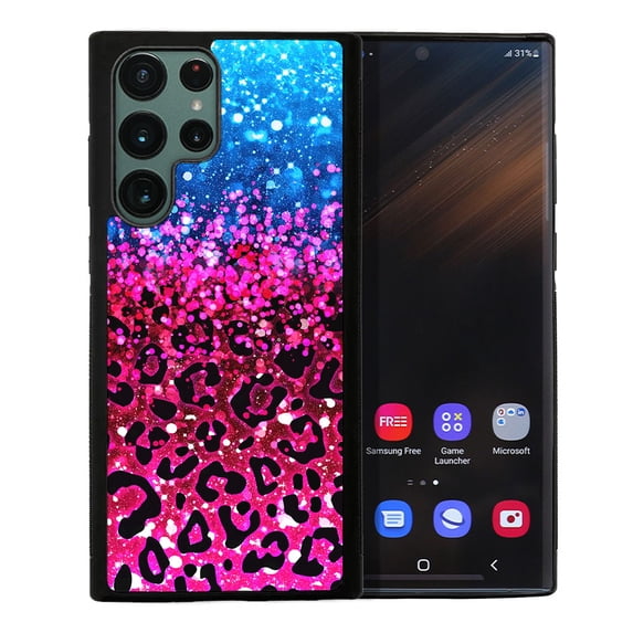 FINCIBO Soft Rubber Cover Case for Samsung Galaxy S22 Ultra 6.8" 2022 (NOT FIT Samsung Galaxy S22 6.1" 2022/Galaxy S22+ / S22 Plus 6.5" 2022), Blue Glitter Sparkle With Black Pink Glitter Leopard