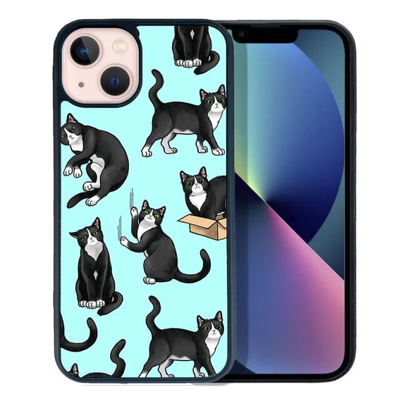 FINCIBO Soft Rubber Protector Cover Case for Apple iPhone 13 6.1" 2021 (NOT FIT iPhone 13 mini 5.4" 2021/iPhone 13 Pro 6.1" 2021/iPhone 13 Pro Max 6.7" 2021), Black White Tuxedo Cat Playful Postures