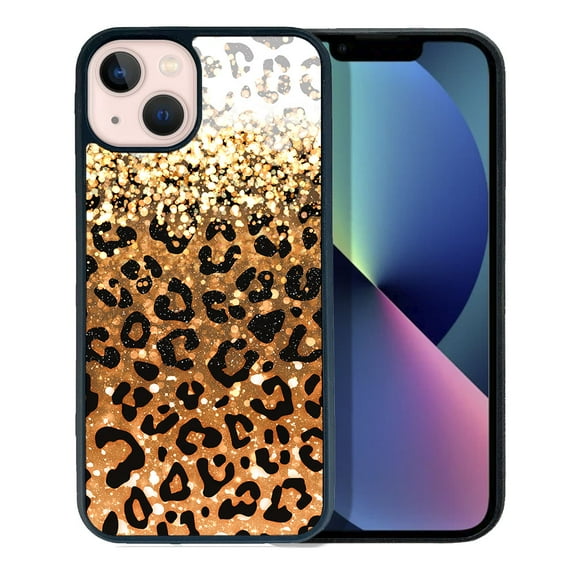 FINCIBO Soft Rubber Protector Cover Case for Apple iPhone 13 6.1" 2021 (NOT FIT iPhone 13 mini 5.4" 2021/iPhone 13 Pro 6.1" 2021/iPhone 13 Pro Max 6.7" 2021), Yellow Glitter With Black Yellow Leopard