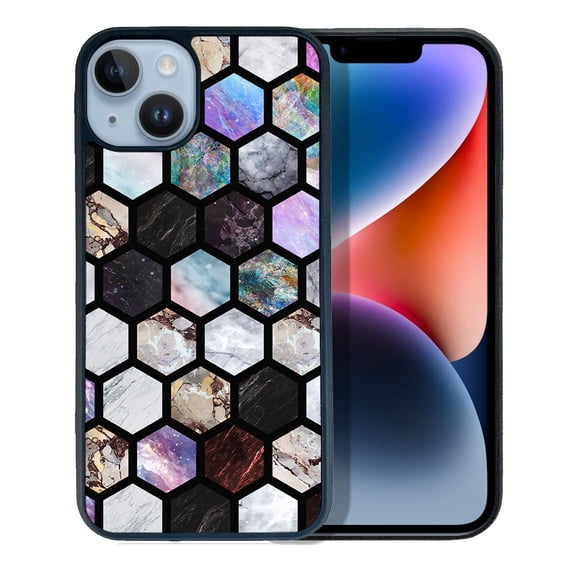 FINCIBO Soft Rubber Protector Cover Case for Apple iPhone 14 6.1" 2022, Mix Marble Tiles Black BG