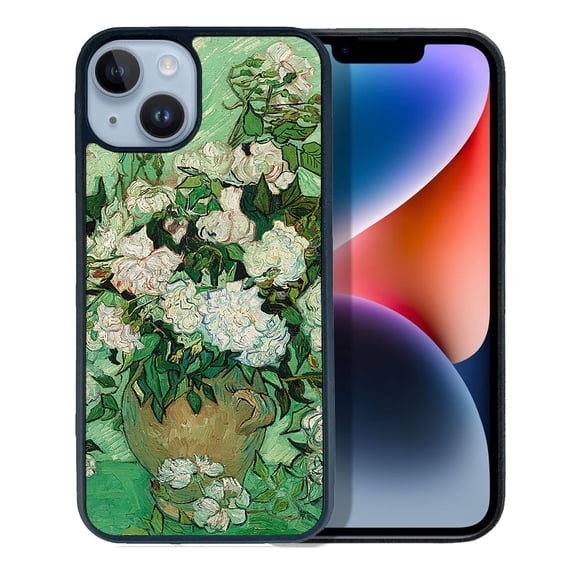 FINCIBO Soft Rubber Protector Cover Case for Apple iPhone 14 6.1" 2022, Vase With Pink Roses By Vincent Van Gogh