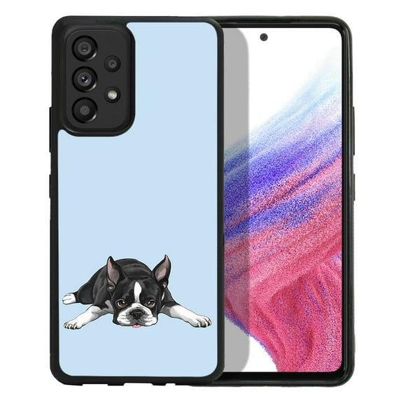 WIRESTER Shockproof Soft Rubber Cover Case for Samsung Galaxy A53 5G 6.5" 2022, Boston Terrier Dog Lying Down Looking Up On Light Blue Background