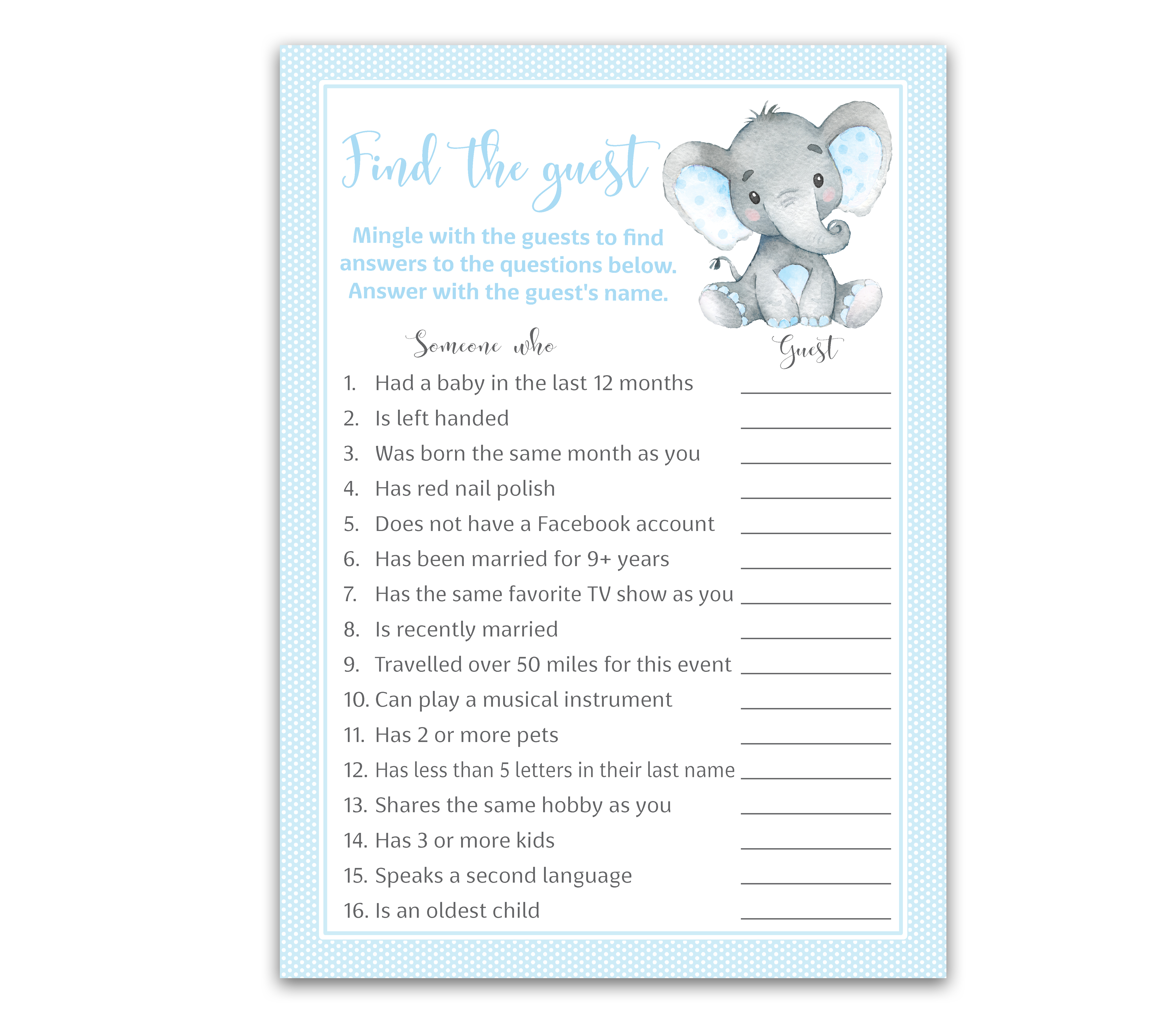 Baby Shower Game – Elefante Rosa, Set Di 25 Carte Da Gioco Formato 12,7x17,8 Cm, Con Risposte, Per Feste Femminili A Tema