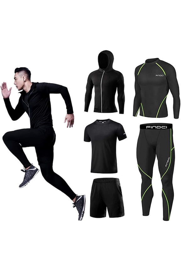 5PCS/Set Men Workout Suit Outfit Fitness Apparel Gym Outdoor Running Compression Pants Shirt Top Long Sleeve Jacket（1,3X-Large)