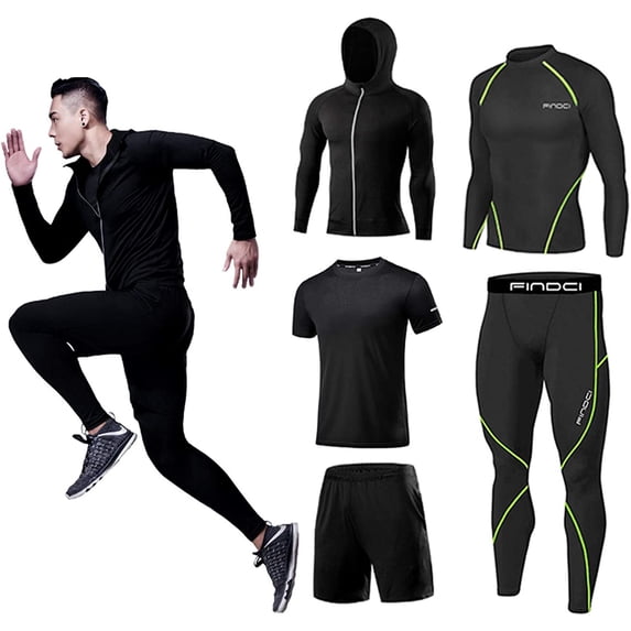FINDCI 5PCS/Set Men Workout Suit Outfit Fitness Apparel Gym Outdoor Running Compression Pants Shirt Top Long Sleeve Jacket(1,3X-Large)