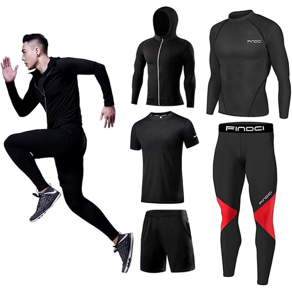 FINDCI 5PCS/Set Men Workout Suit Outfit Fitness Apparel Gym Outdoor Running Compression Pants Shirt Top Long Sleeve Jacket(12,Small)