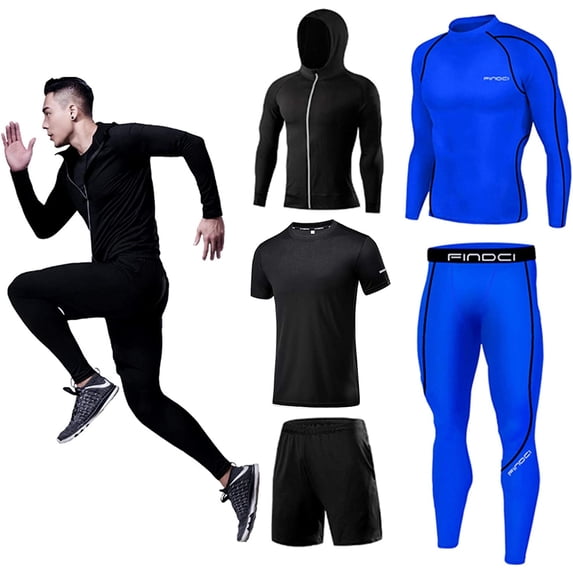 FINDCI 5PCS/Set Men Workout Suit Outfit Fitness Apparel Gym Outdoor Running Compression Pants Shirt Top Long Sleeve Jacket(14,XX-Large)