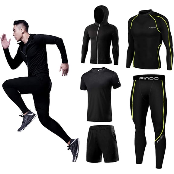 FINDCI 5PCS/Set Men Workout Suit Outfit Fitness Apparel Gym Outdoor Running Compression Pants Shirt Top Long Sleeve Jacket(15,XX-Large)