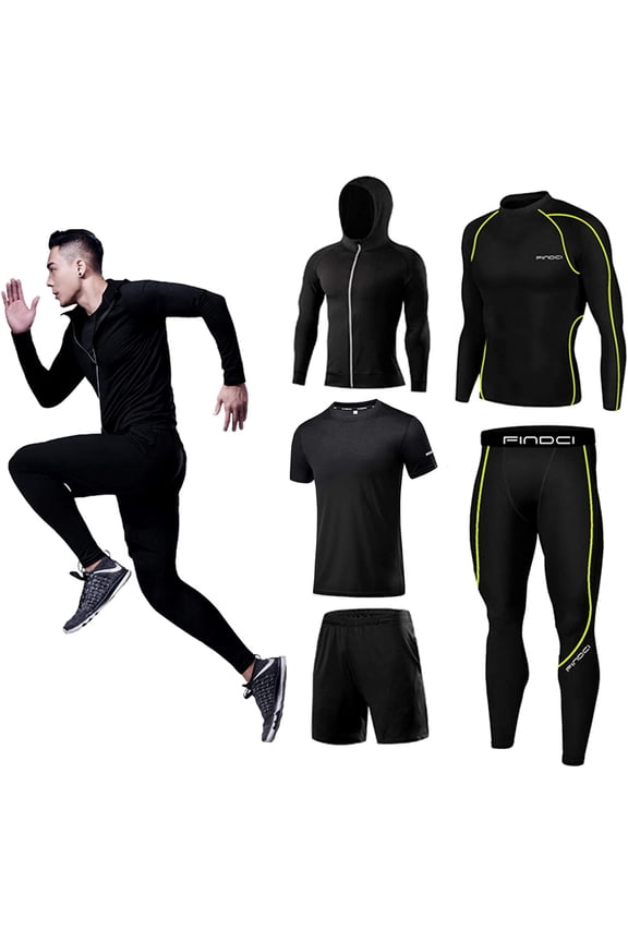 5PCS/Set Men Workout Suit Outfit Fitness Apparel Gym Outdoor Running Compression Pants Shirt Top Long Sleeve Jacket(15,XX-Large)
