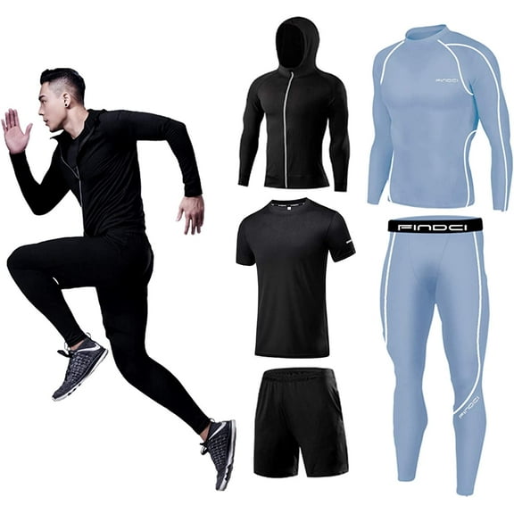 FINDCI 5PCS/Set Men Workout Suit Outfit Fitness Apparel Gym Outdoor Running Compression Pants Shirt Top Long Sleeve Jacket（20,3X-Large)