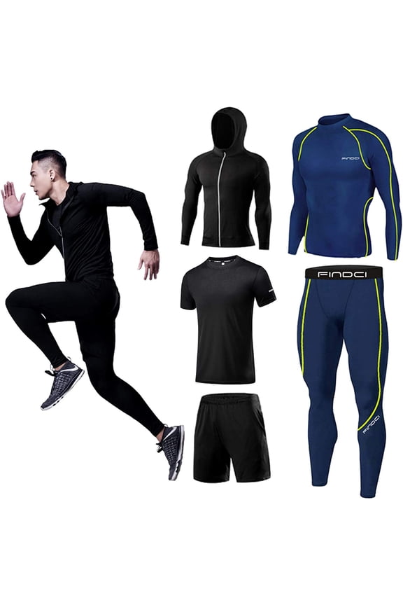 5PCS/Set Men Workout Suit Outfit Fitness Apparel Gym Outdoor Running Compression Pants Shirt Top Long Sleeve Jacket（26,Large)