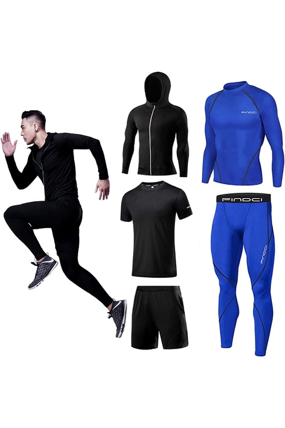 5PCS/Set Men Workout Suit Outfit Fitness Apparel Gym Outdoor Running Compression Pants Shirt Top Long Sleeve Jacket(6,X-Large)
