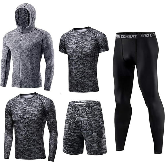 FINDCI Men's Gym Running Fitness Kit Compression Shirts for Men Pants Shirt Top Long Sleeve Jacket Set 5 PCS - Workout