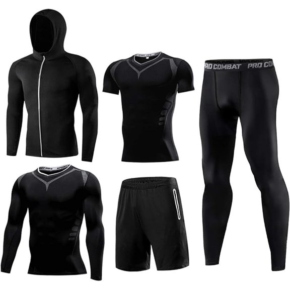 FINDCI Men's Gym Running Fitness Kit Compression Shirts for Men Pants Shirt Top Long Sleeve Jacket Set 5 PCS - Workout