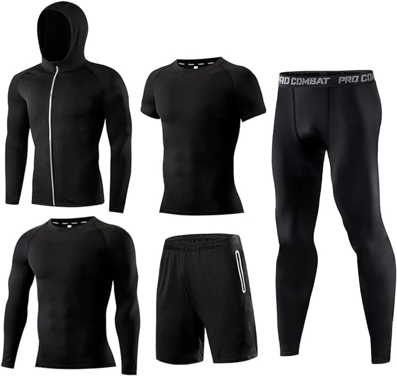 Men's Gym Running Fitness Kit Compression Shirts for Men Pants Shirt Top Long Sleeve Jacket Set 5 PCS - Workout