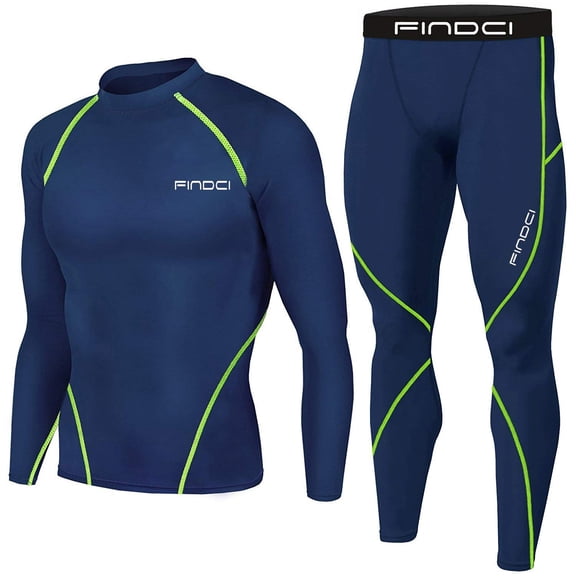 FINDCI Men's Men's Gym Running Fitness Kit Compression Pants Shirt Top Long Sleeve Jacket Set 2 PCS - Workout Outfit Set Jogging Sports Set Running Rashguard Tracksuit,Large,Blue