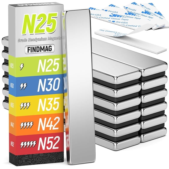 FINDMAG 12Pack Rare Earth Neodymium Magnets,Bar Magnets with Double-Sided Adhesive, Bar Magnets for Fridge, Garage, Kitchen - 60x10x3mm (N25)