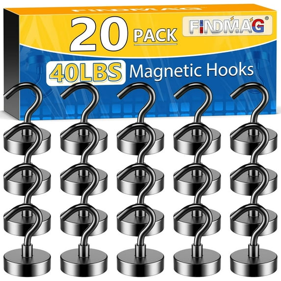 FINDMAG 20 Pack Magnetic Hooks, 40lbs Strong Magnetic Hooks Heavy Duty for Hanging, Magnets with Hooks for Cruise Cabin, Classroom, Office, Grill, Heavy Duty Magnetic Metal Hooks for Refrigerator